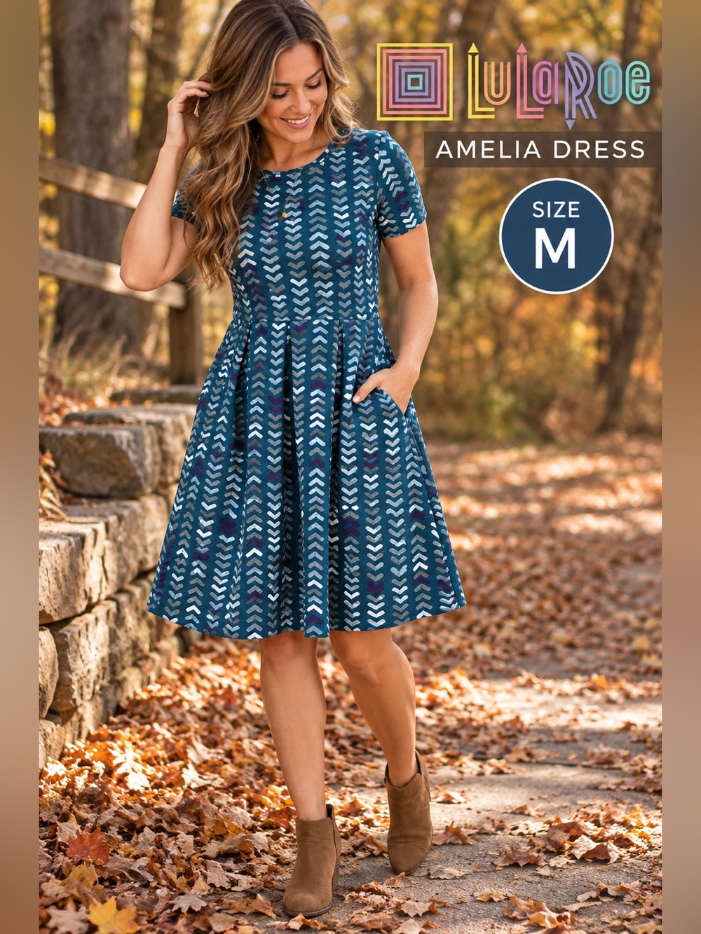 LuLaRoe Amelia Dress Size M Blue Chevron Geometric Fit & Flare Pockets